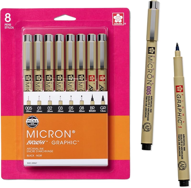 Sakura Pigma Micron graphic and brush fineline pens 8-pack archival black ink